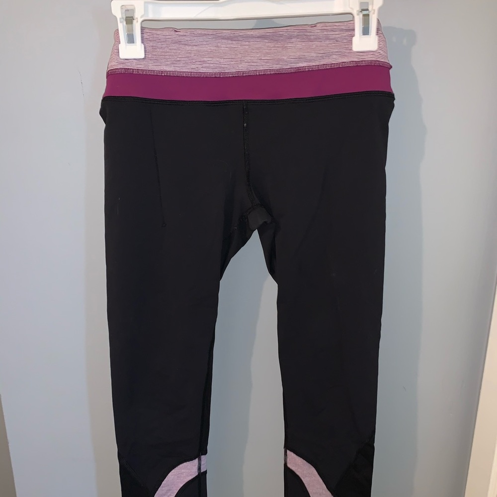Lululemon cropped leggings, purple accent